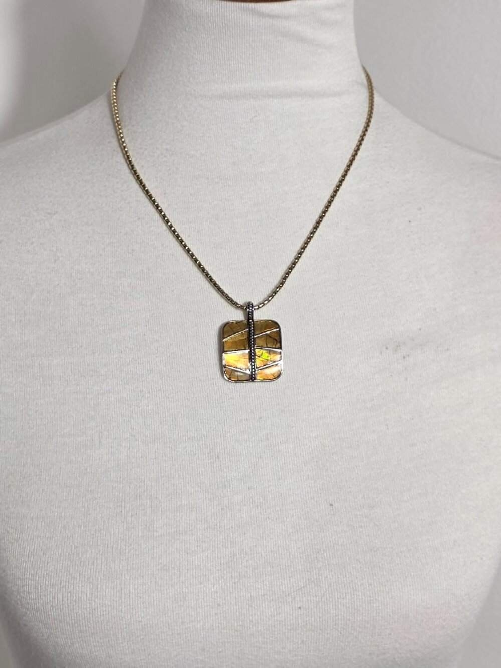 Vintage Monet Necklace Square Pendant with Gold Abalone Shell Inlay